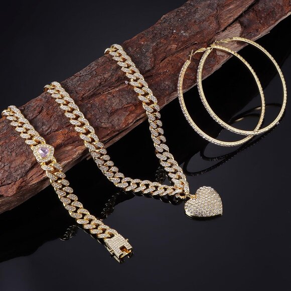 Cuban Link Chain Jewelry Set Cuban Chain Necklace Cuban Link Bracelet Rhinestone - Picture 6 of 6